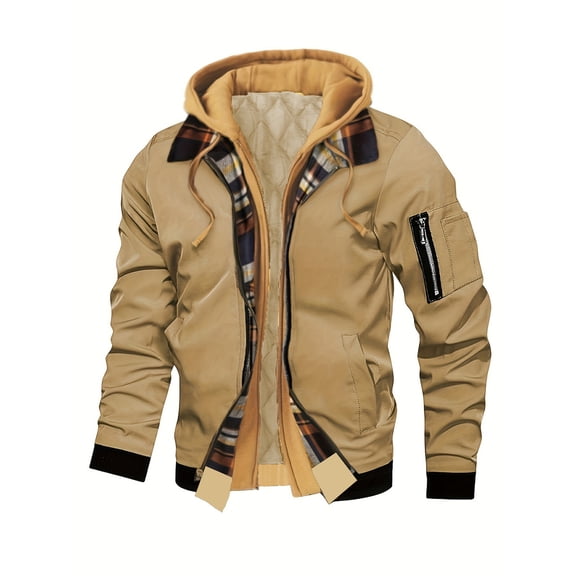 Men's Jackets Casual Zip Up Splicing Plaid Hooded Coat Fake Two-Piece Men Winter Work Jacket with Pockets Khaki M