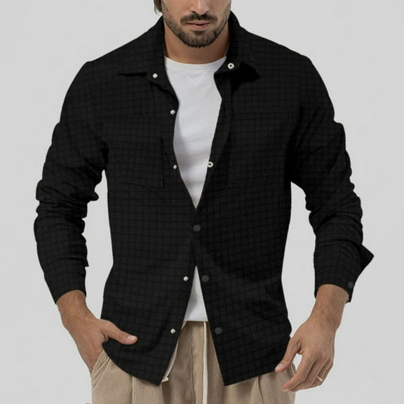 Men's Jackets Clearance 3XL Casual Solid Classic Hoodless Long Sleeve Turn-Down Collar Plaid Shirt Outwear Coat