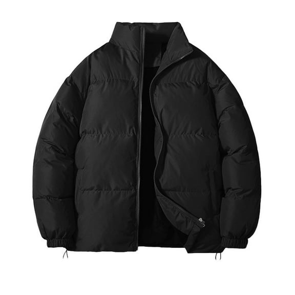 Men's Down Jackets Fall Winter Loose Zip Up Puffer Jacket Stand Collar Thick Winter Warm Padded Heavyweight Baggy Down Outerwear Men's Jackets Black S