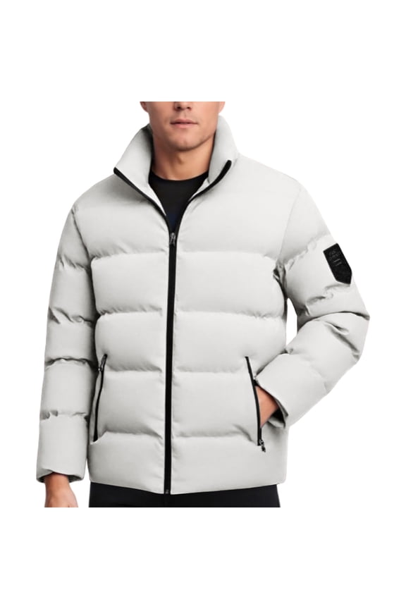 Men's Down Jackets Fall Winter Stand Collar Zip Up Puffer Jacket Casual Down Jacket Solid Color Parka Padded Outwear Relaxed Fit Men's Jackets White M