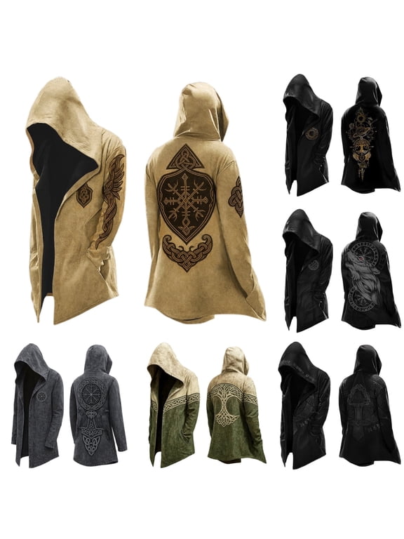 Men's Jackets Norse Mythology Mens Jacket with Hood Long Sleeve Cardigan Coat Relaxed Fit Streetwear Western Jackets for Men