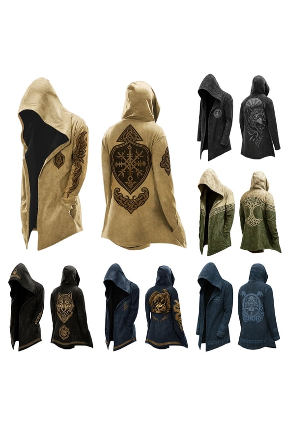 Men's Jackets Norse Mythology Mens Jacket with Hood Long Sleeve Relaxed Fit Retro Cardigan Coat Streetwear Mens Jackets Casual