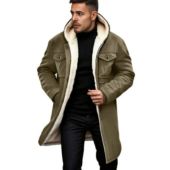 Men's Jackets Plush Color Block Jacket with Multiple Pockets Zip Up Long Overcoat Warm Outerwear Comfortable Loose Fit Fall Winter Coat Plus Size Winter Coat