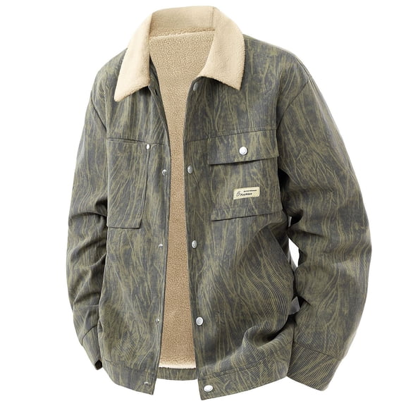 Men's Jackets Sherpa Lined Thermal Winter Coats Button Down Thickened Warm Fleece Jacket Casual Lapel Outwear (M, Army Green)