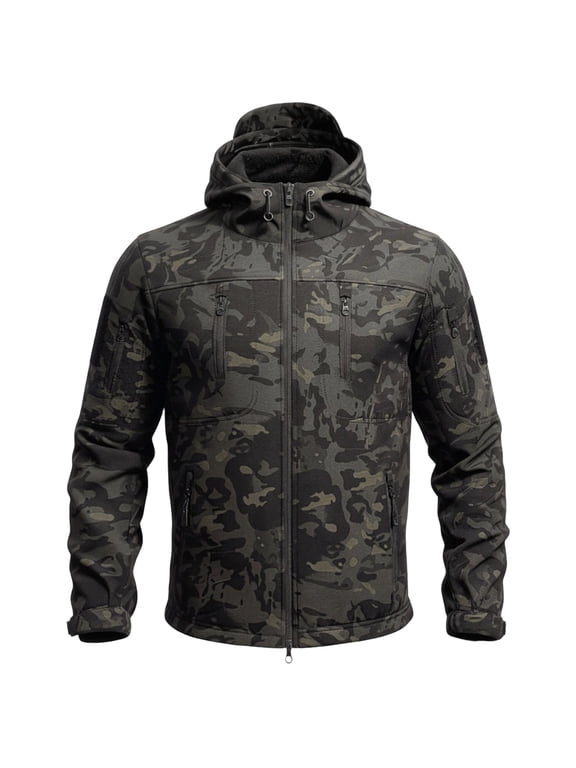 Men's Jackets Tactical Winter Waterproof Softshell Rain Coat Splice Fleece Lined Hooded Windproof Water Resistant Coat for Hunting Hiking