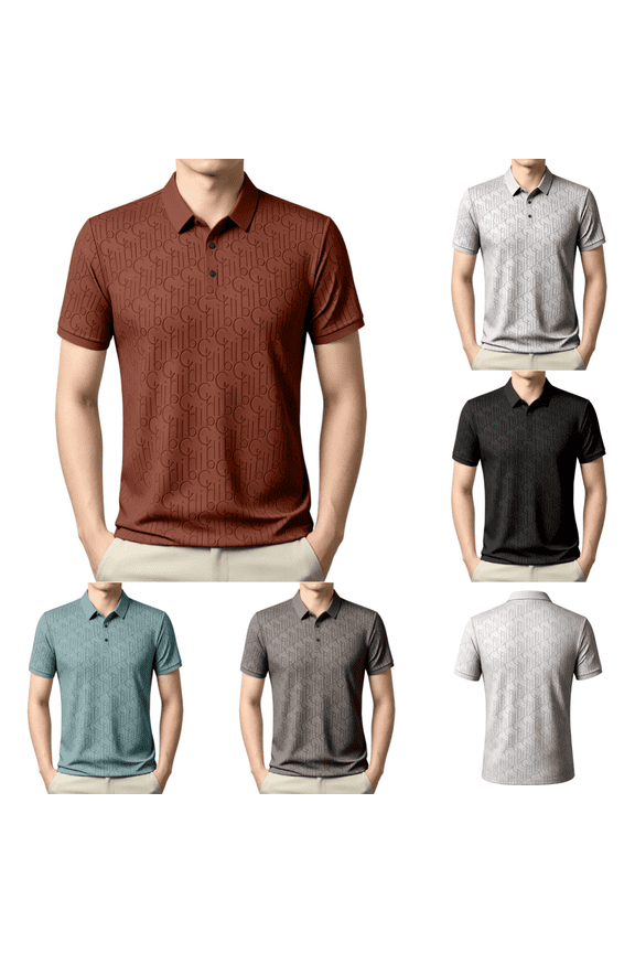 Men’s Jacquard Collared Polo Tee, All Over Hidden Letter Short Sleeve 3 Button Placket Shirt Lightweight Breathable Summer Golf Shirt Ginger 4XL