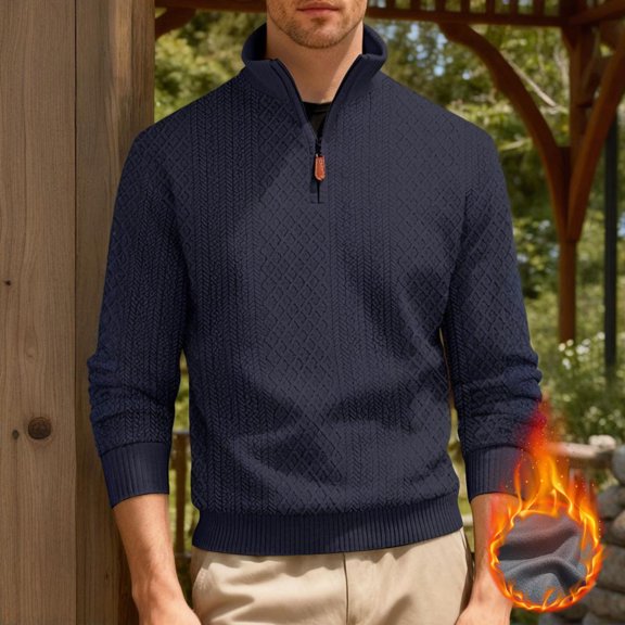 Men's Jacquard Fleece Lined Shirt Long Sleeve Quarter Zip Up Stand Collar Solid Pullover Tee Navy 2XL