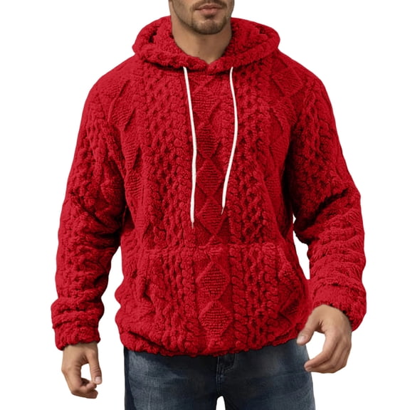 Men's Jacquard Fuzzy Hoodie Long Sleeve Drawstring Solid Pullover Top with Pockets for Winter Wine 3XL