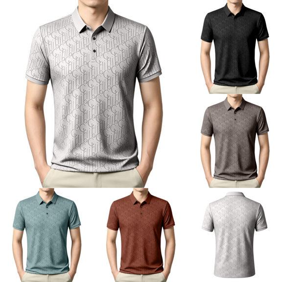 Men’s Jacquard Golf Polo Shirt Full Embossed Letter Jacquard Texture Collared Short Sleeve Shirt Lightweight Moisture Wicking Business Casual T-Shirt Beige 3XL