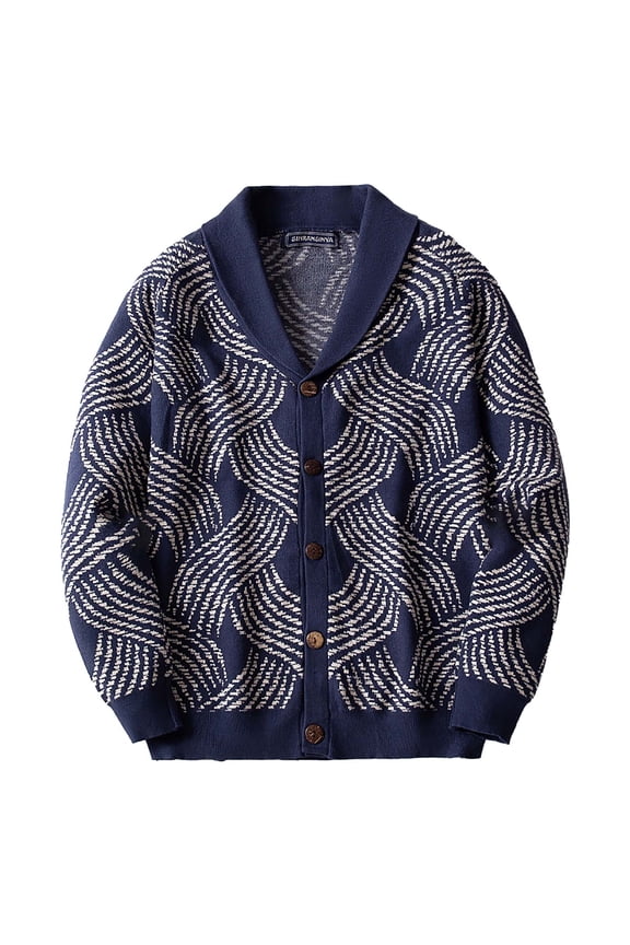 Men's Jacquard Knit Coat Lightweight Cardigan Sweater with Fruit Collar for Spring Autumn Casual Wear