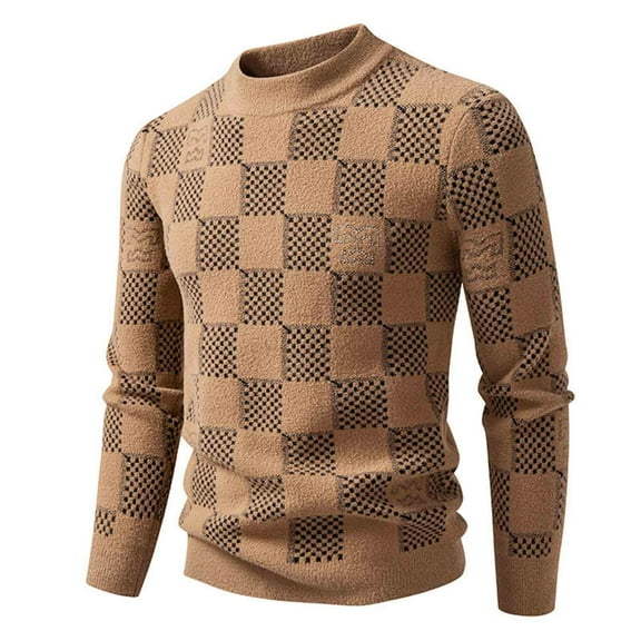 Men's Jacquard Knit Sweaters Checkered Stretch Pullover Sweater Mock Neck Base Layer Warm Fall Winter Tops Khaki M