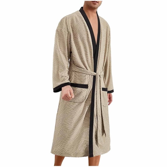 Men’s Jacquard Long Bathrobe Thermal Plush Soft Pajama Robe Long Sleeve Spa Robe Relaxed Fit Velvet Sweater Sleepwear Nightgown Loungewear with Pockets for Mens