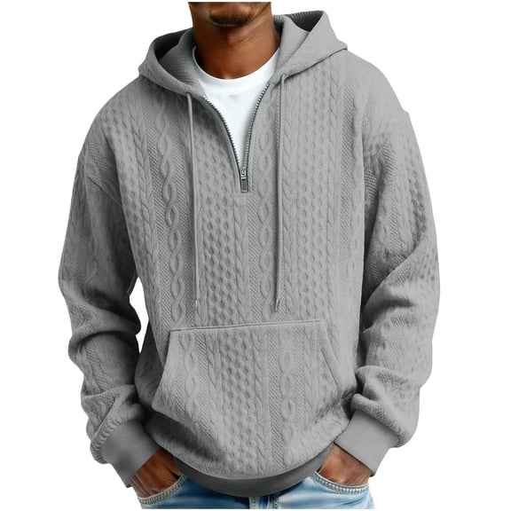Men's Jacquard Solid Hoodie Cuffed Long Sleeve Crewneck Quarter Zip Pullover Top with Pockets Gray XL