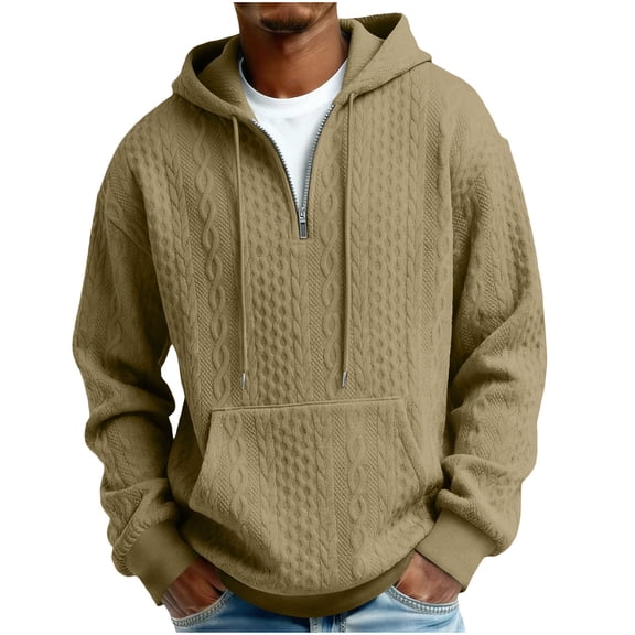Men's Jacquard Solid Hoodie Cuffed Long Sleeve Crewneck Quarter Zip Pullover Top with Pockets Khaki XL