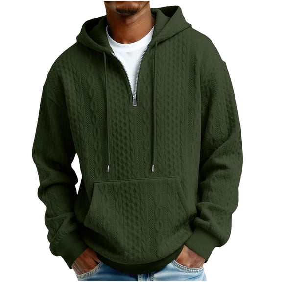 Men's Jacquard Solid Hoodie Cuffed Long Sleeve Crewneck Quarter Zip Pullover Top with Pockets Olive Green XL