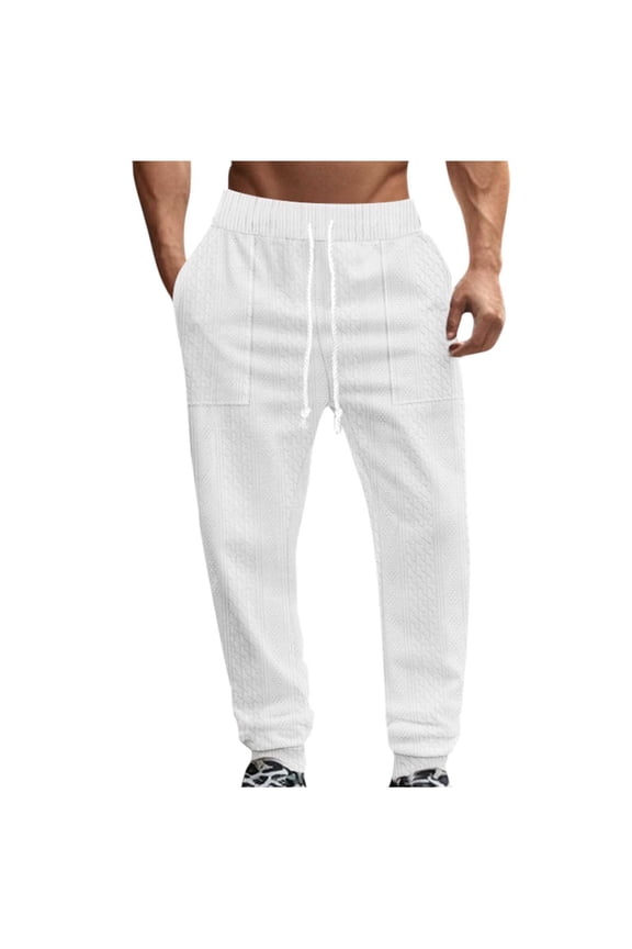 Men's Jacquard Textured Casual Sweatpants Pants Beach Stretch Knit Drawstring Loose Fit Straight Leg Pant (S-3XL) White