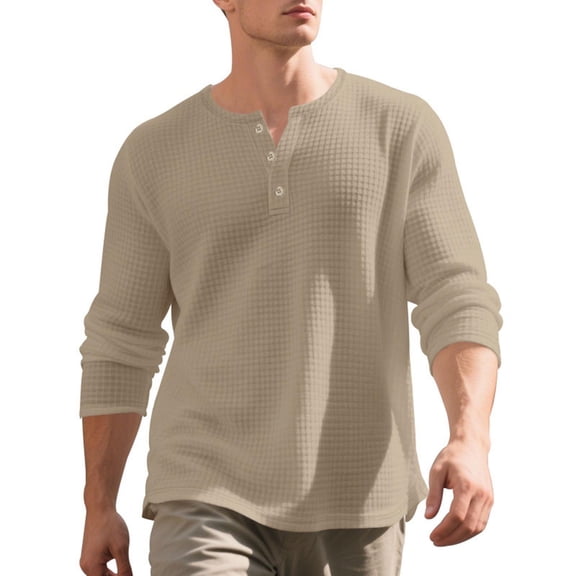 Men's Jacquard Top Casual Solid Color Long Sleeve Shirt Crew Neck Half Button Base Layer Tops Khaki M