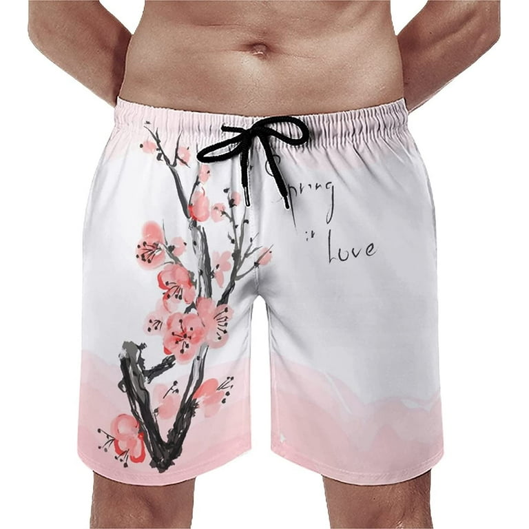 Men s Japanese Cherry Tree Blossom Swim Trunks Quick Dry Swim Shorts Bathing Suit Beach Swim Board Shorts with Pockets S 3XL