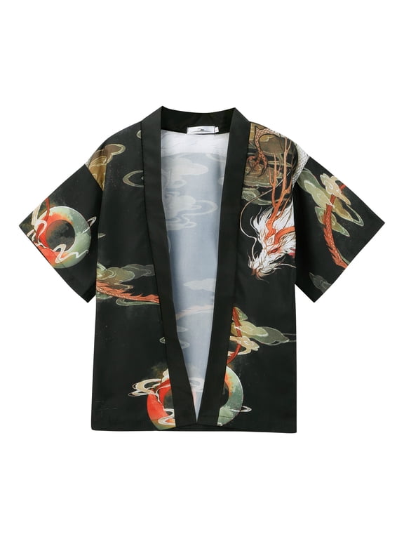 Men's Japanese Kimono Cardigan Jacket Gentleman Casual Seven Sleeve Open Front Coat Lightweight Novelty Printed Cloak Outwear,Green,2XL