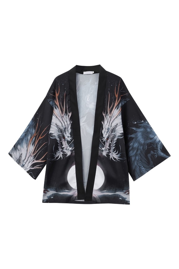 Men's Japanese Kimono Cardigan Jacket Gentleman Casual Seven Sleeve Open Front Coat Lightweight Novelty Printed Cloak Outwear,Navy,2XL