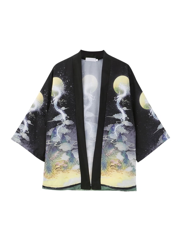Men's Japanese Kimono Cardigan Jacket Gentleman Casual Seven Sleeve Open Front Coat Lightweight Novelty Printed Cloak Outwear,Yellow,2XL