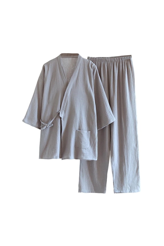 Men's Japanese Kimono Double Gauze Cotton Bathrobe Pajamas Cardigan and Pants 2 Piece Ste Casual Clothes