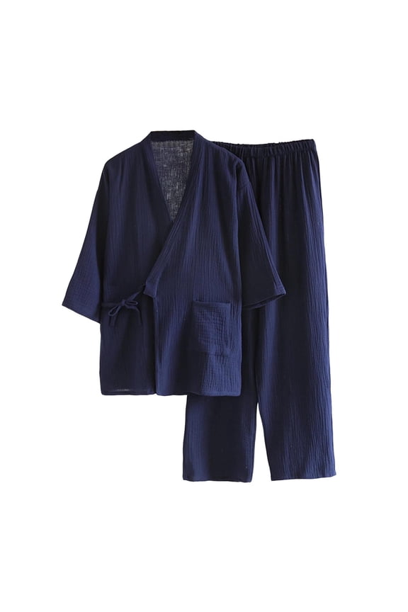 Men's Japanese Kimono Double Gauze Cotton Bathrobe Pajamas Cardigan and Pants 2 Piece Ste Casual Clothes
