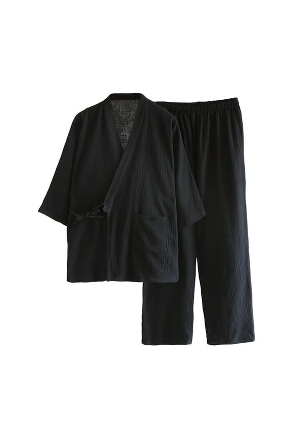 Men's Japanese Kimono Double Gauze Cotton Bathrobe Pajamas Cardigan and Pants 2 Piece Ste Casual Clothes