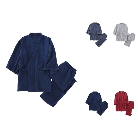 Men's Japanese Kimono Pajamas Set, Washed Crepe Loose-Fitting Two-Piece Sleepwear for Spring & Fall, Cotton Bathrobe Lounge Suit for Couple