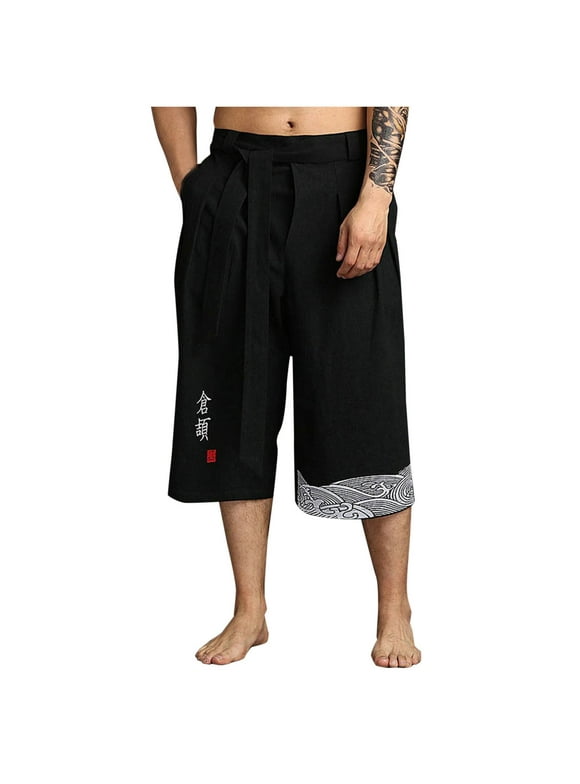 Men's Japanese Kimono Traditonal Beach Pants Linen Capri Summer Harem Pants Wide Leg Cropped Pant