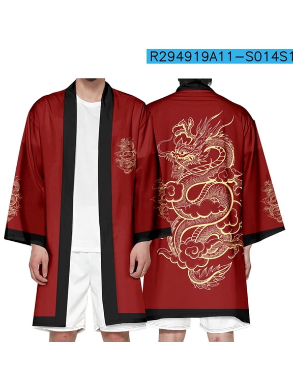 Men's Japanese Long Kimono Cardigan Boys Samurai Costume Dragon pattern Kimono Shirt Yukata Outer Cover Cosplay Costume