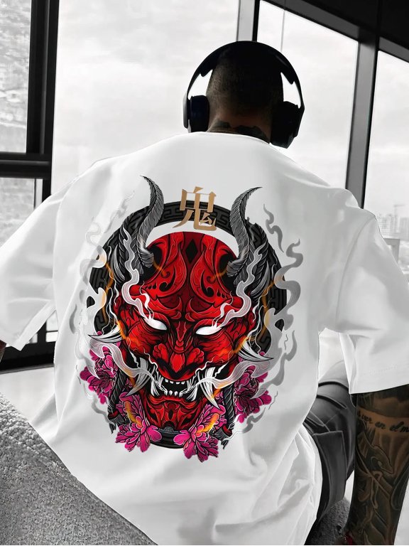 Men's Japanese Oni Demon Back‑Print Graphic T‑Shirt, Floral Hannya Mask Art Design, Crew Neck Short Sleeve Streetwear Tee Men Clothing