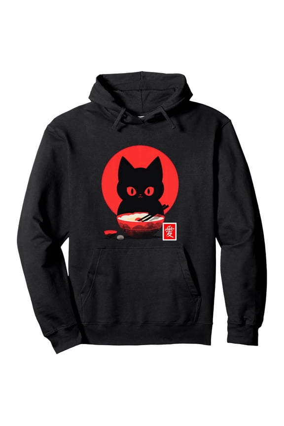 Men's Japanese Ramen Cat Hoodie - Black Pullover Sweatshirt with Red Rising Sun, Kanji, All-Season Casual Streetwear for Anime & Japan Culture Fans, Anime Clothes, Medium Elasticity Fabric
