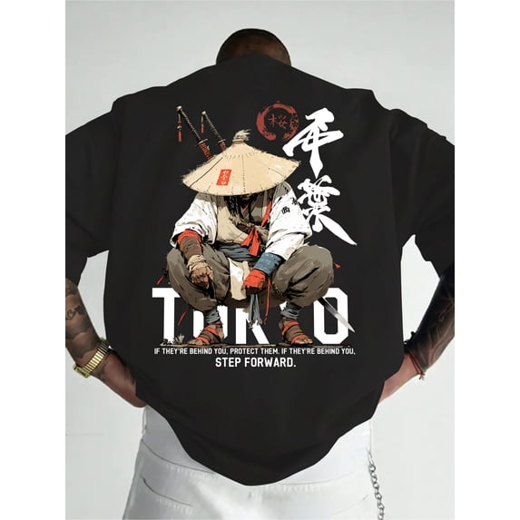 Men's Japanese Ronin Samurai Back‑Print Graphic T‑Shirt, Tokyo Kanji Sword Art Design, Casual Summer Crew Neck Short Sleeve Streetwear Tee Men Clothing
