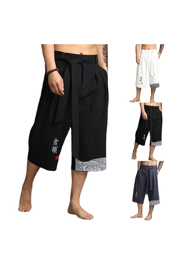 Men’s Japanese Style Linen Shorts Casual Loose Traditional Asian Bottoms