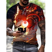 Mens Japanese Ukiyo-e 3D Fox Anime T-Shirt - Black with Red Gold Japanese Calligraphy Fox Pattern, Plus Size Short Sleeve Summer Top,