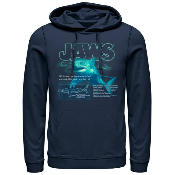 Men's Jaws Shark Blueprint Pull Over Hoodie Navy Blue Medium
