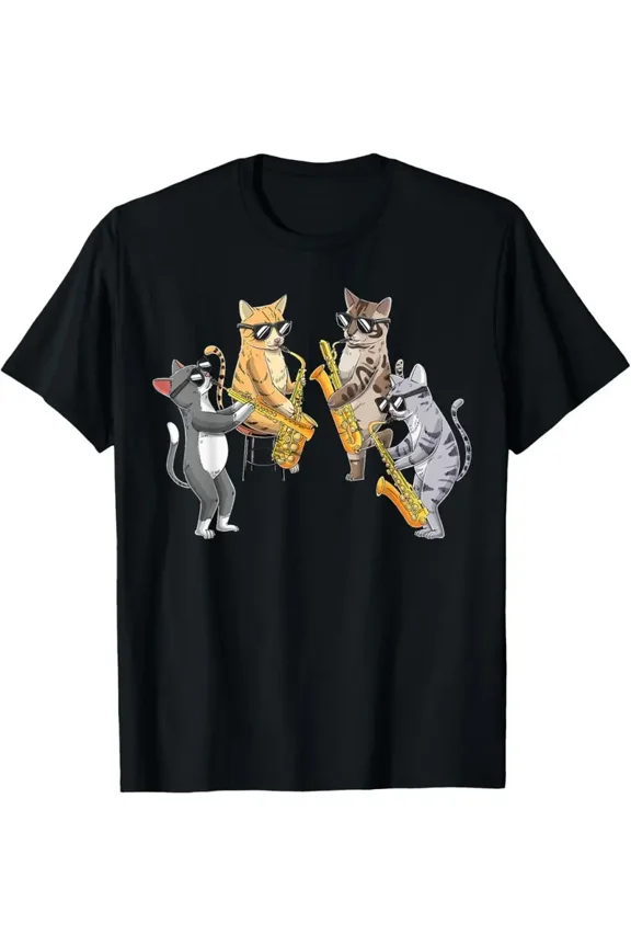 Men's Jazz Saxophone Cat Band Graphic T-Shirt - Funny Musician Design with 4 Cats Playing Saxophones, Casual Round Neck Short Sleeve Tee for Jazz Lovers & Musicians, All-Season