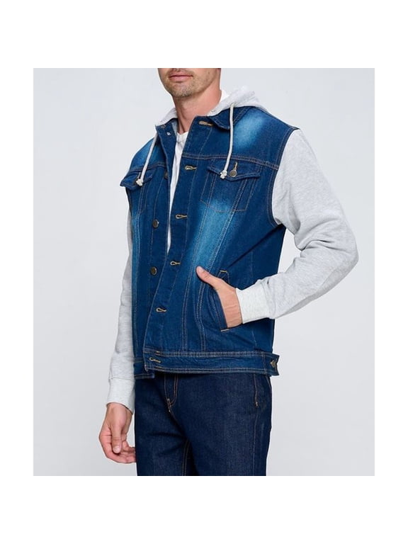 Men's Jean Jacket Hoodie Cotton Denim Long Sleeve Hybrid Hooded Trucker Jacket, Black, L