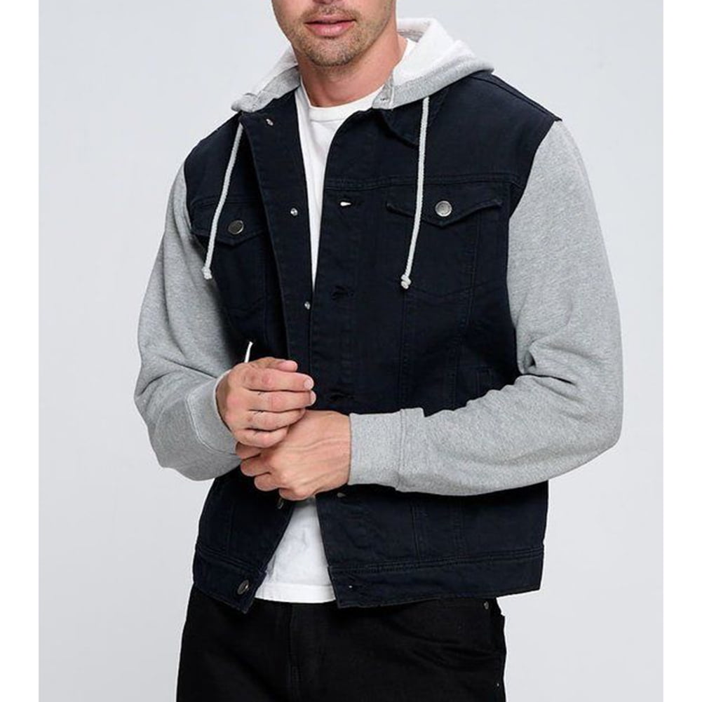 Sky-blue jeans jacket with color hoody collar for men, #jacketsmenhooded  #jacketsmenjeans
