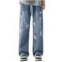 Men's Jean Pants Solid Color Casual Distressed Straight Leg Denim Pants Blue