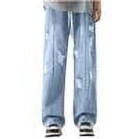 Men's Jean Pants Solid Color Casual Distressed Straight Leg Denim Pants Light Blue