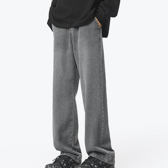 Men's Jeans 100%Polyester and Big Men's Baggy Jeans for Men Vintage Solid Color Elastic Waist Straight Pocket Denim Black 3XL Denim Pants for Men