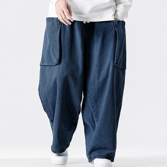 Men's Jeans 75%Rayon,25%Polyester and Big Men's Relaxed Fit Jeans Fashion Solid Color Casual Lace Up Loose Sports Jeans Full Length Pants Navy 3XL Denim Pants for Men
