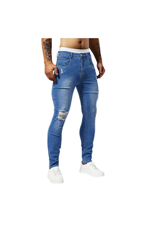 Men's Jeans Classic Ripped Design Jeans Casual Fashion Perforated Patch Trousers Pocket Solid Color Elastic Tight Fitting Small Leg Denim Pants