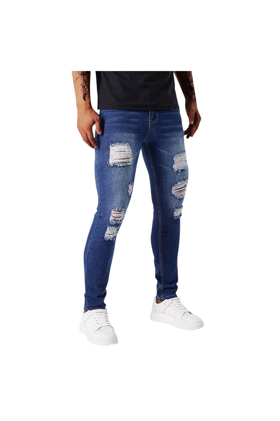 Men's Jeans Classic Ripped Design Jeans Casual Fashion Perforated Patch Trousers Pocket Solid Color Elastic Tight Fitting Small Leg Denim Pants