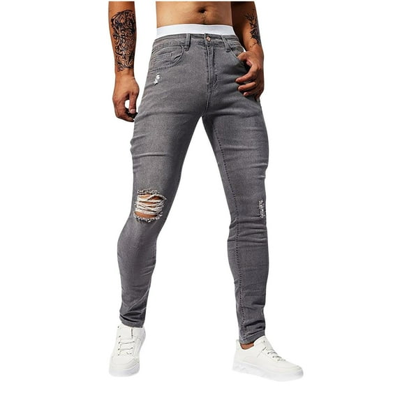 Men's Jeans Classic Ripped Design Jeans Casual Fashion Perforated Patch Trousers Pocket Solid Color Elastic Tight Fitting Small Leg Denim Pants