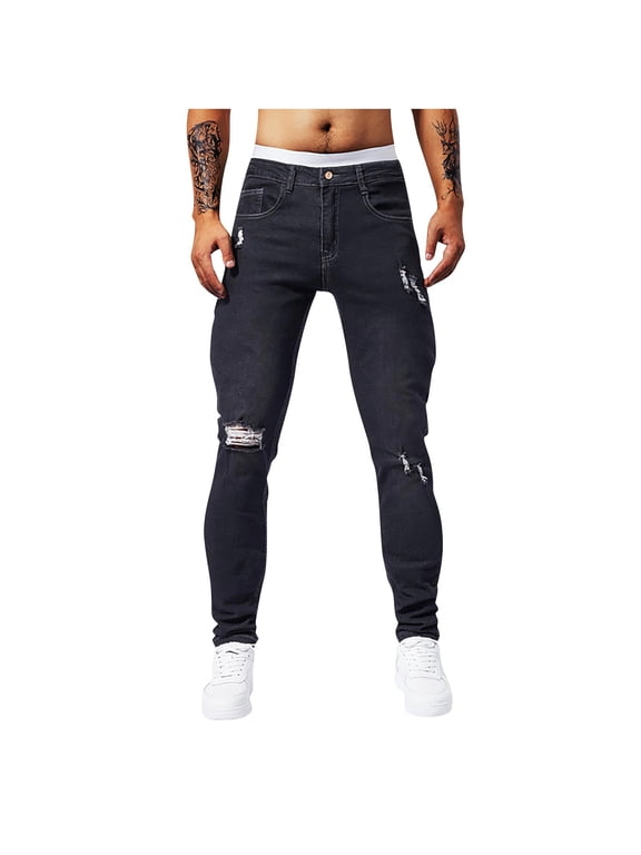 Men's Jeans Classic Ripped Design Jeans Casual Fashion Perforated Patch Trousers Pocket Solid Color Elastic Tight Fitting Small Leg Denim Pants