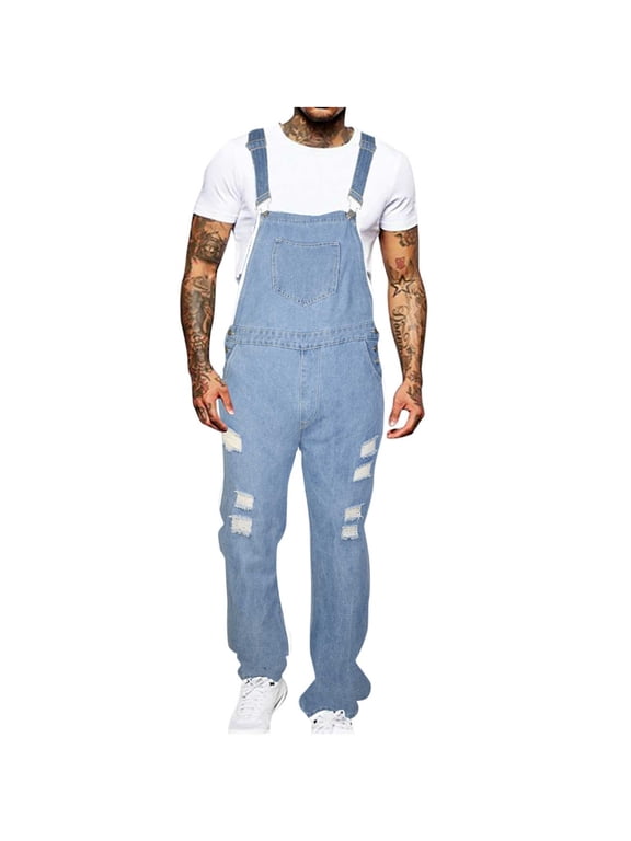 Men's Jeans Jumpsuits Distressed Denim Bib Overalls for Men Black Blue Suspender Pants Ripped Design Men's Denim Bib Overalls Fashion Slim Fit Jumpsuit with Pockets