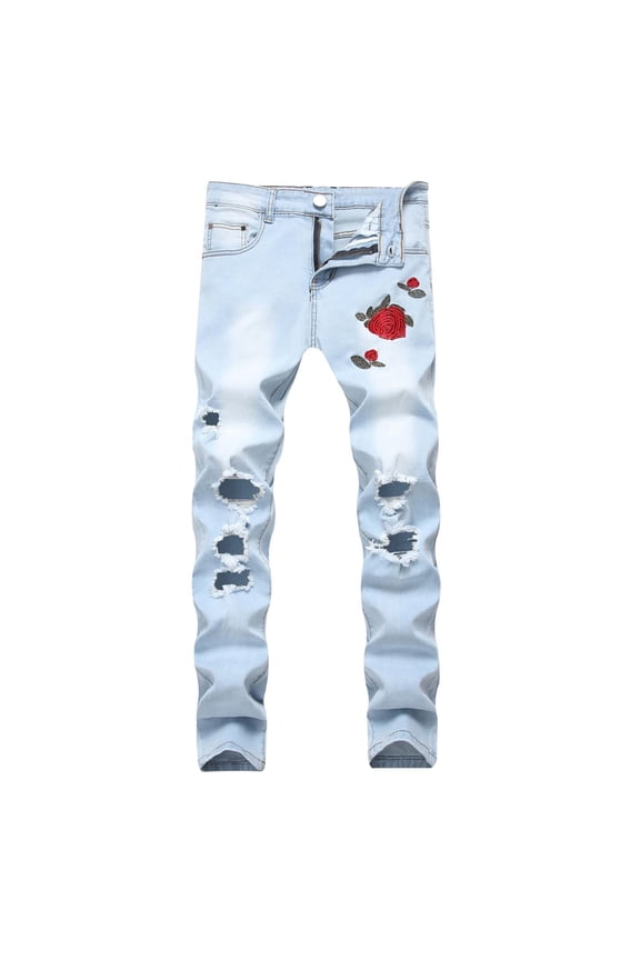 Men's Jeans Male Embroidered Rose Denim Ripped Slim Fit Stretch Trousers Pants for Men Light Blue 32